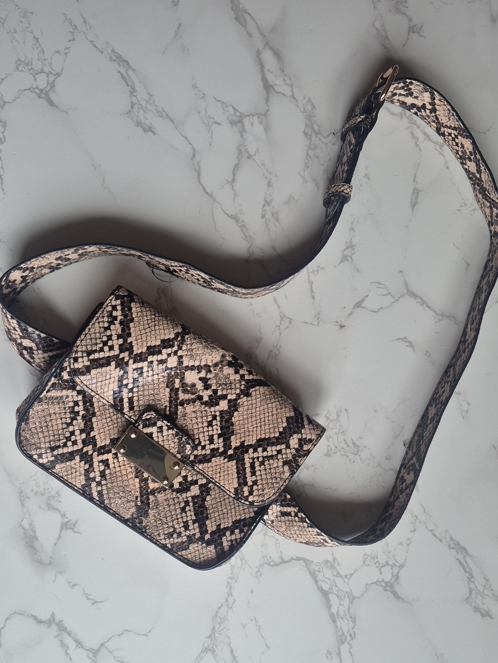 A New Day Snake Skin Fannypack in Beige and Black with Gold Accent
